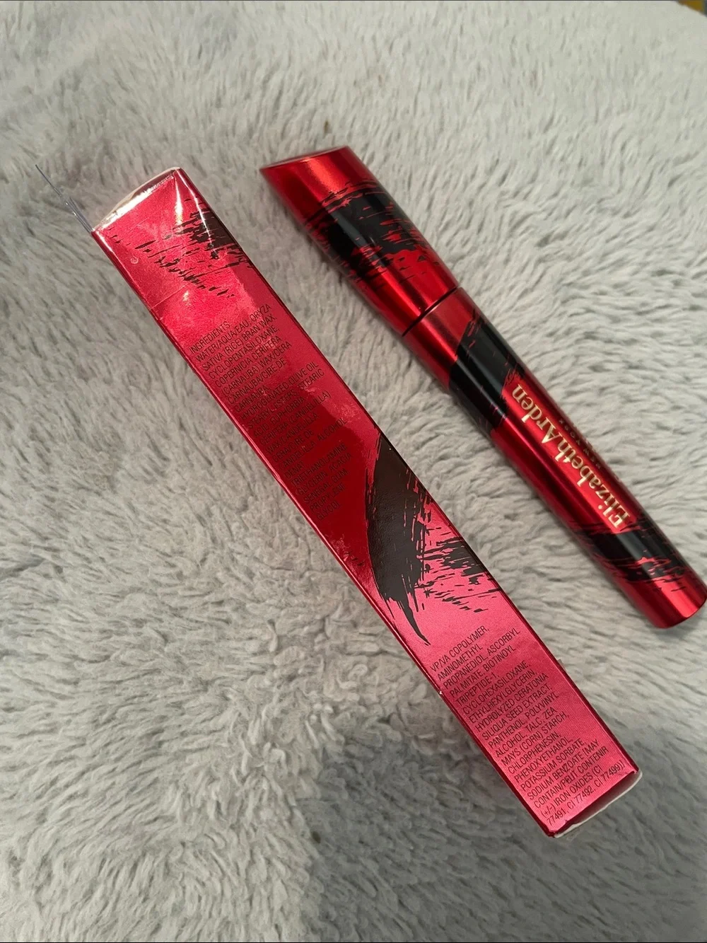 Elizabeth Arden Red Metallic Mascara Tube with Black Brushstroke Accents